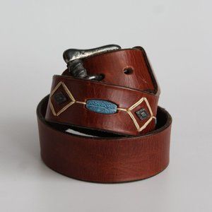 SOLD / 1990s Vintage Turquoise Stone Italian Leather Belt ~ 34"